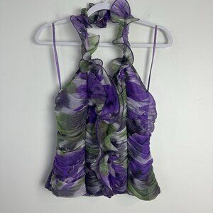 Y2K Babydoll Top Women Large Halter‎ Ruching Ruffle Smocked Coquette Feminine